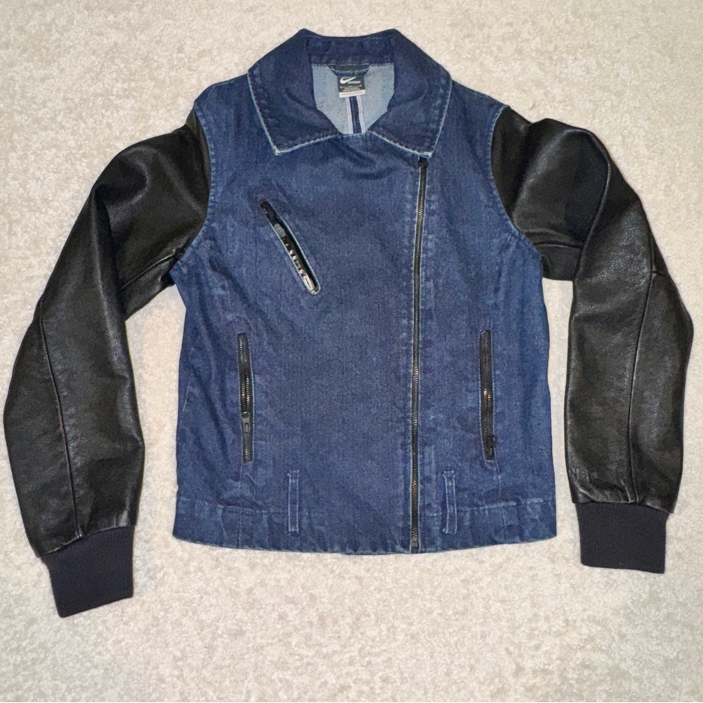 Nike NSW Selvedge Moto Destroyer Dark Blue Denim Jacket with Leather Sleeves - Picture 1 of 6